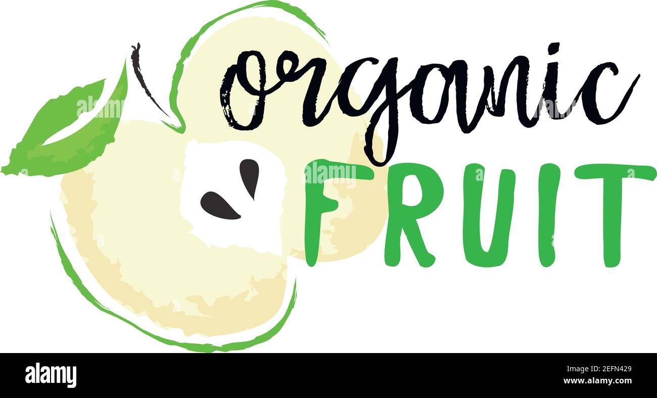 Apfelfrucht Etikett und Aufkleber - Bio-Obst. Vektorgrafik im Aquarellstil, für Grafik und Webdesign Stock Vektor
