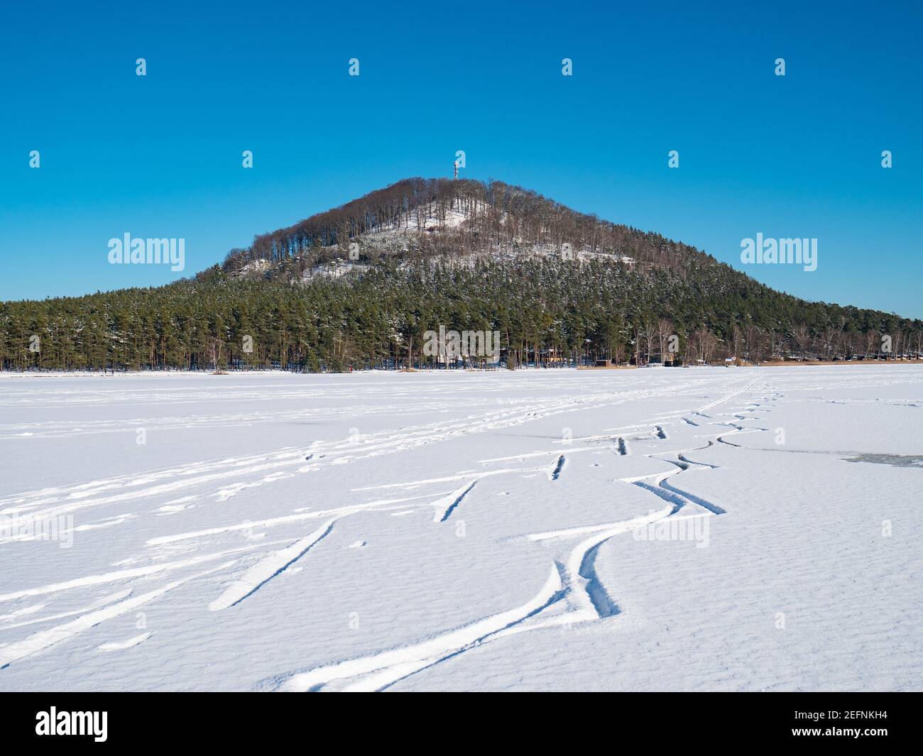 Frischer Pulverschnee auf dem gefrorenen Machovo See mit Spuren von Eisläufern. Im Hintergrund der frostige Borny Hügel mit dem Sendeturm. Stockfoto