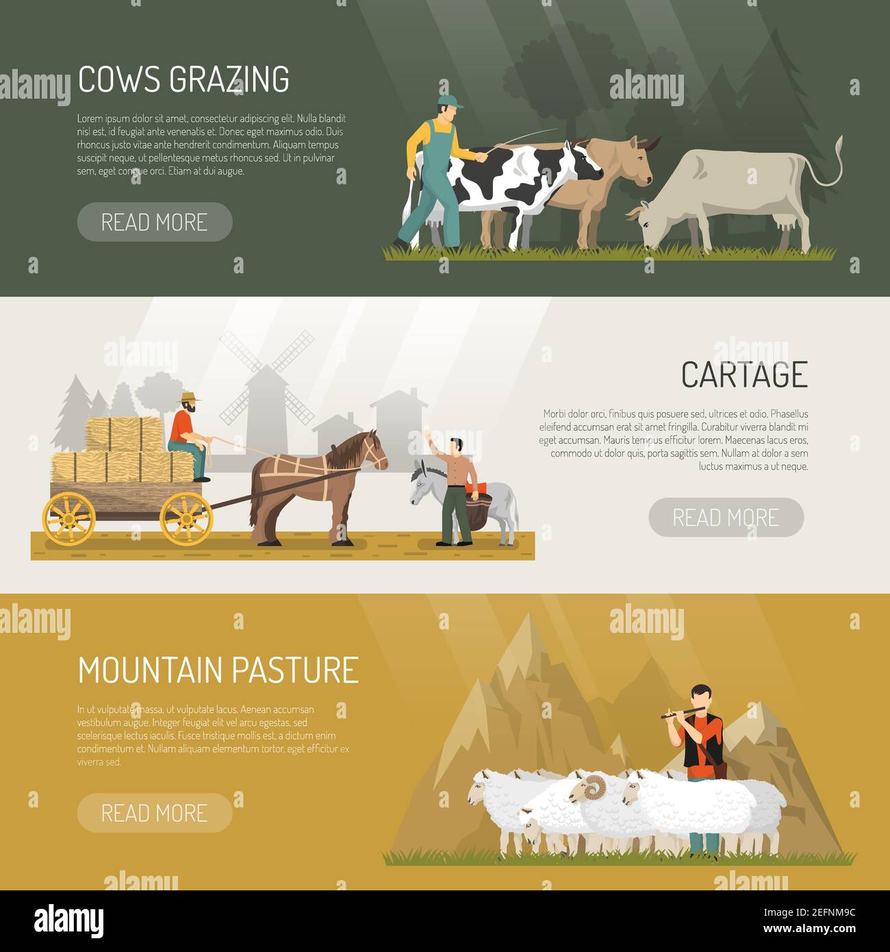 Bauernhof Tiere Banner mit grasenden Kühen Schafe Weide und Pferd Cartage Bilder mit mehr lesen Taste Vektor Illustration Stock Vektor