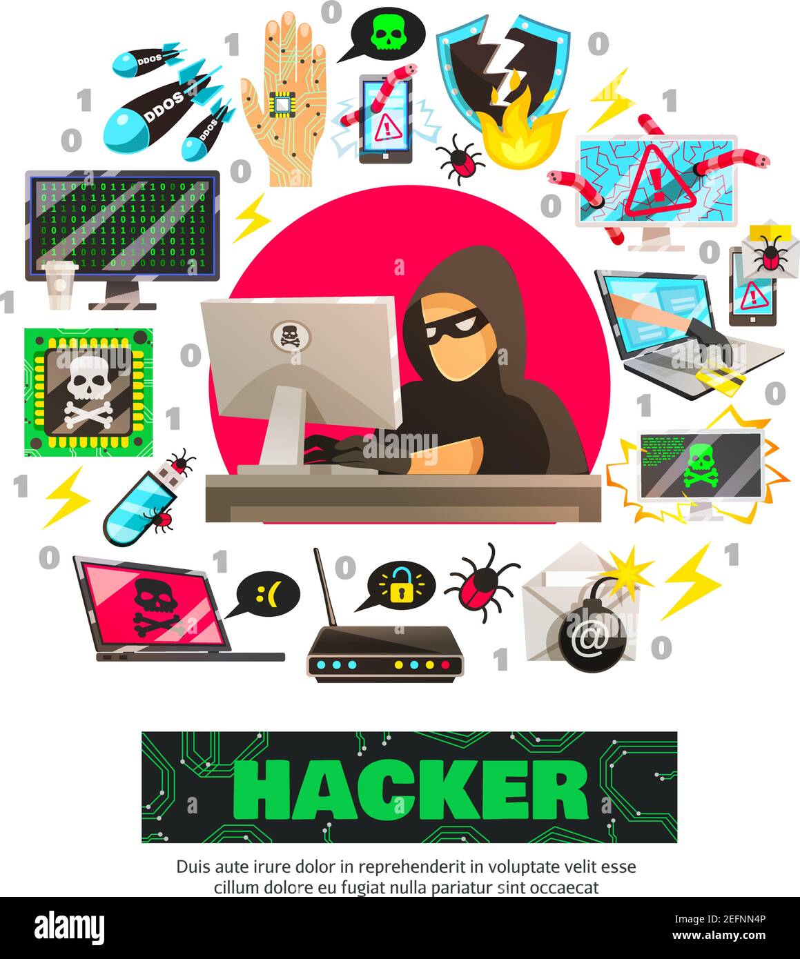 Hacker Hintergrund mit Computer kriminellen Charakter vor dem Computer Mit isolierten Netzwerk Betrug Piktogramm Symbole Vektor Illustration Stock Vektor