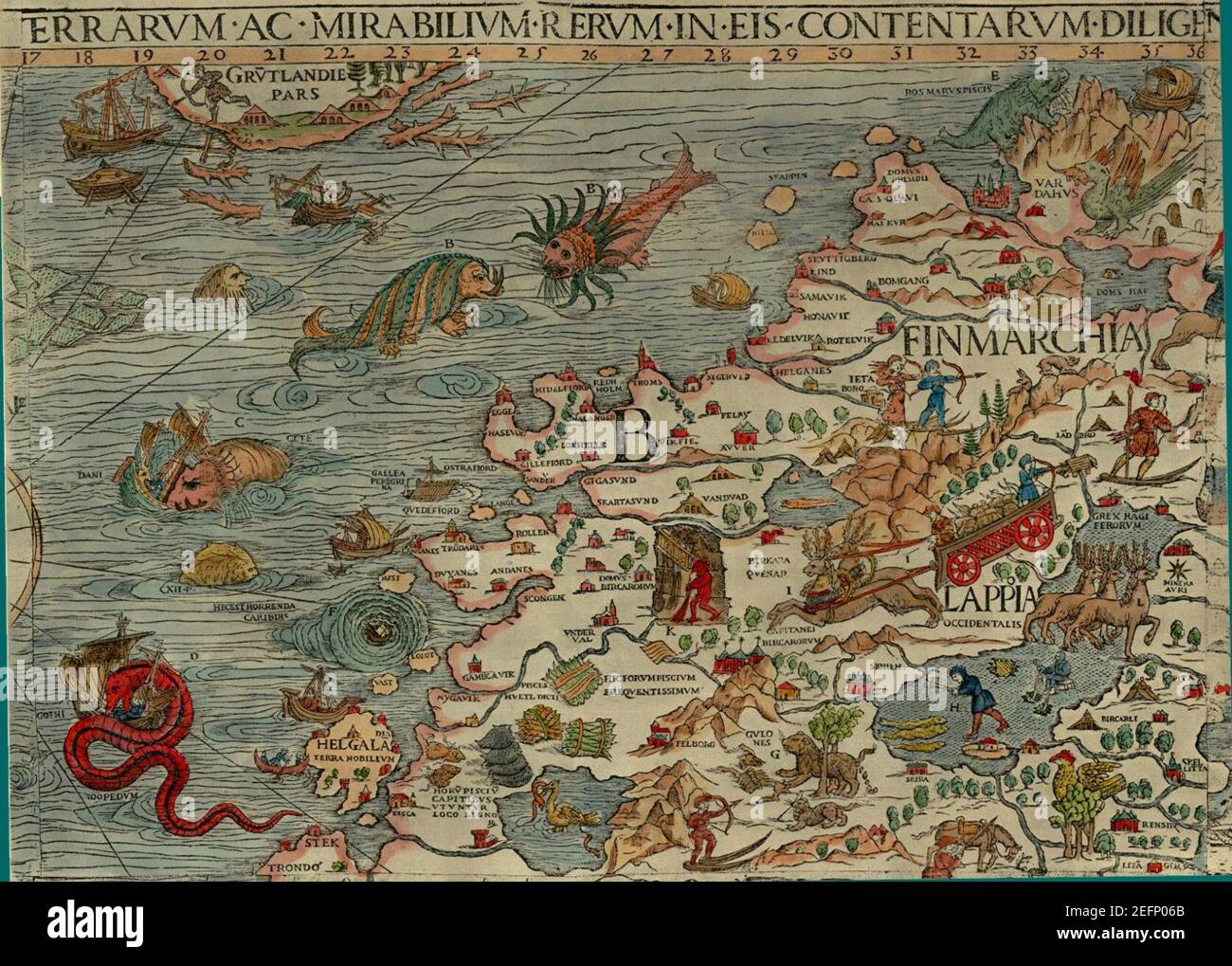 Olaus Magnus' Karte von Skandinavien 1539, Abschnitt B, Lappland, Finnland. Stockfoto