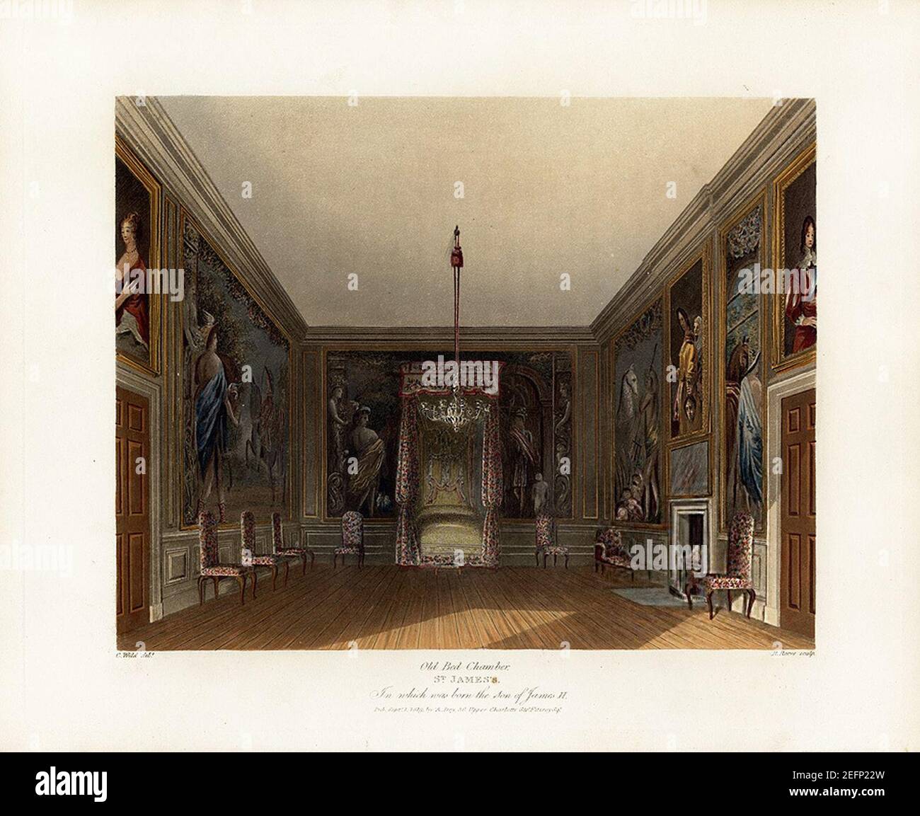 Alte Bettkammer, St. James's Palace, aus Pyne's Royal Residences, 1819 - Panteek py110-342. Stockfoto