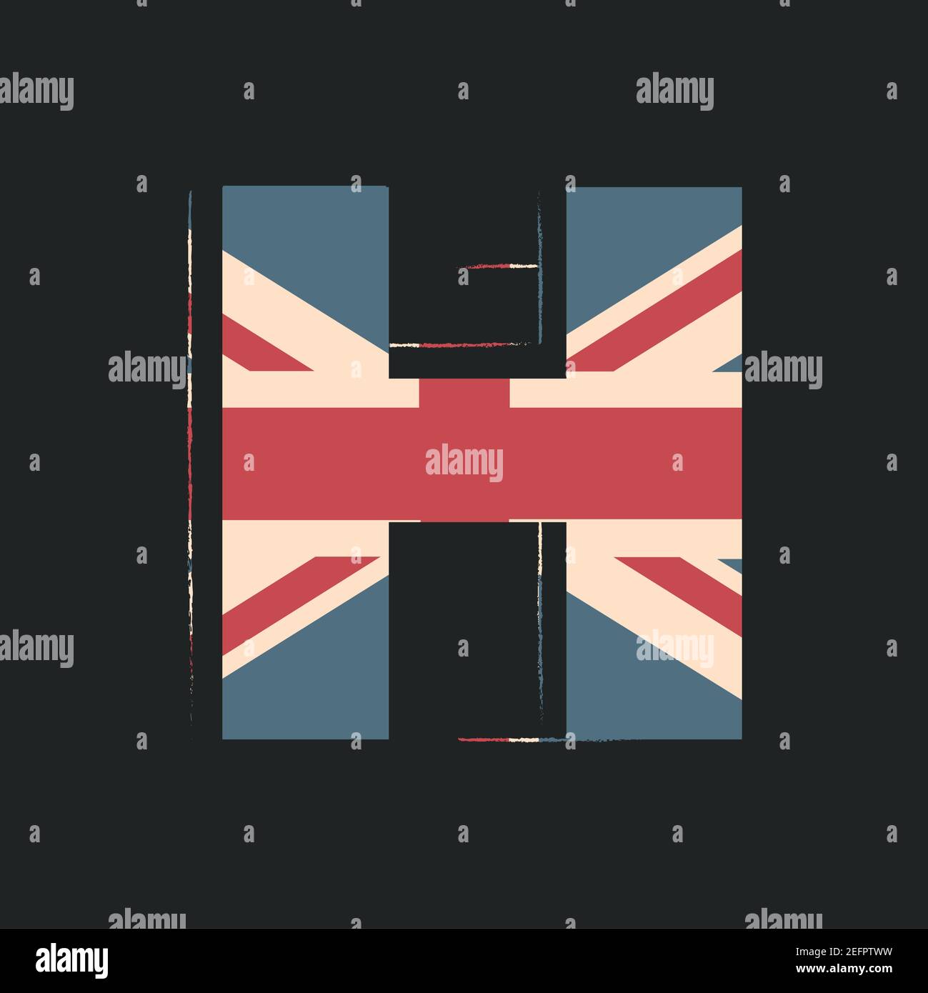Großbuchstaben 3D H mit UK-Flag-Textur isoliert auf schwarzem Hintergrund. Vektorgrafik. Element für Design. Kinder Alphabet. Stock Vektor