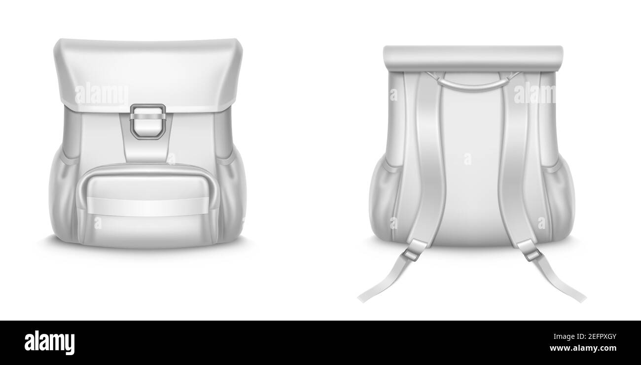 Weißer Rucksack, Schulrucksack oder Reiserucksack in Vorder- und Rückansicht. Vektor realistische Mockup von lederem Leder oder Stoff Backbag, Frauen Mode Accessoire isoliert auf weißem Hintergrund Stock Vektor