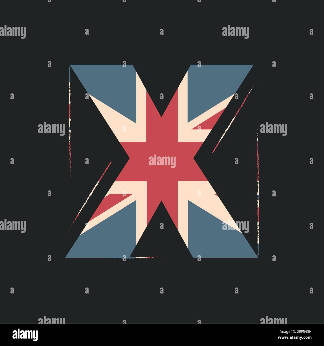 Großbuchstaben 3D x mit UK-Flag-Textur isoliert auf schwarzem Hintergrund. Vektorgrafik. Element für Design. Kinder Alphabet. Stock Vektor
