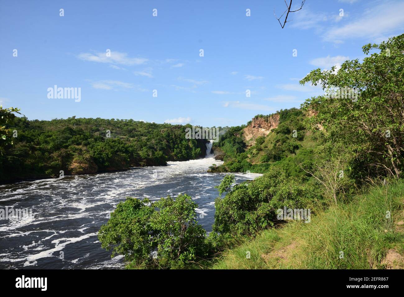 Murchison Falls National Park Uganda, Wasserfall in einem wunderschönen grünen Wald mit weißem Wasser, Felsen, rauschendem Wasser Stockfoto
