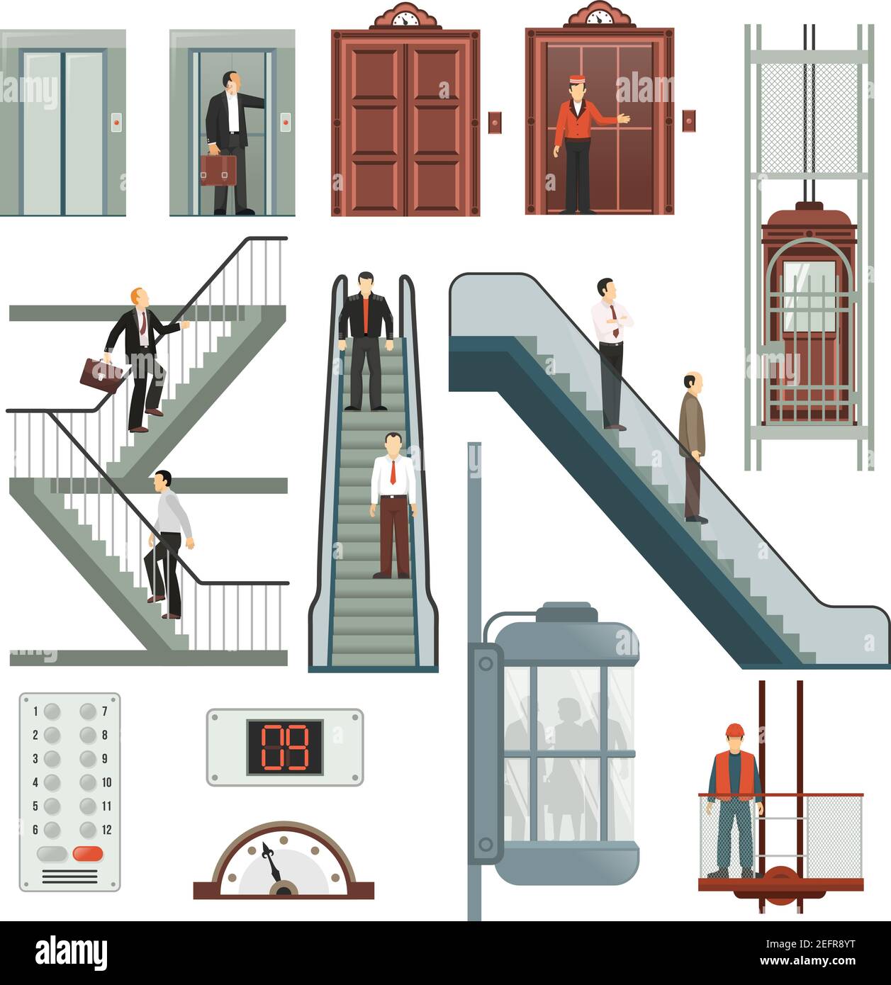 Aufzug und Treppen mit Geschwindigkeit und Boden Symbole flach gesetzt Isolierte Vektordarstellung Stock Vektor