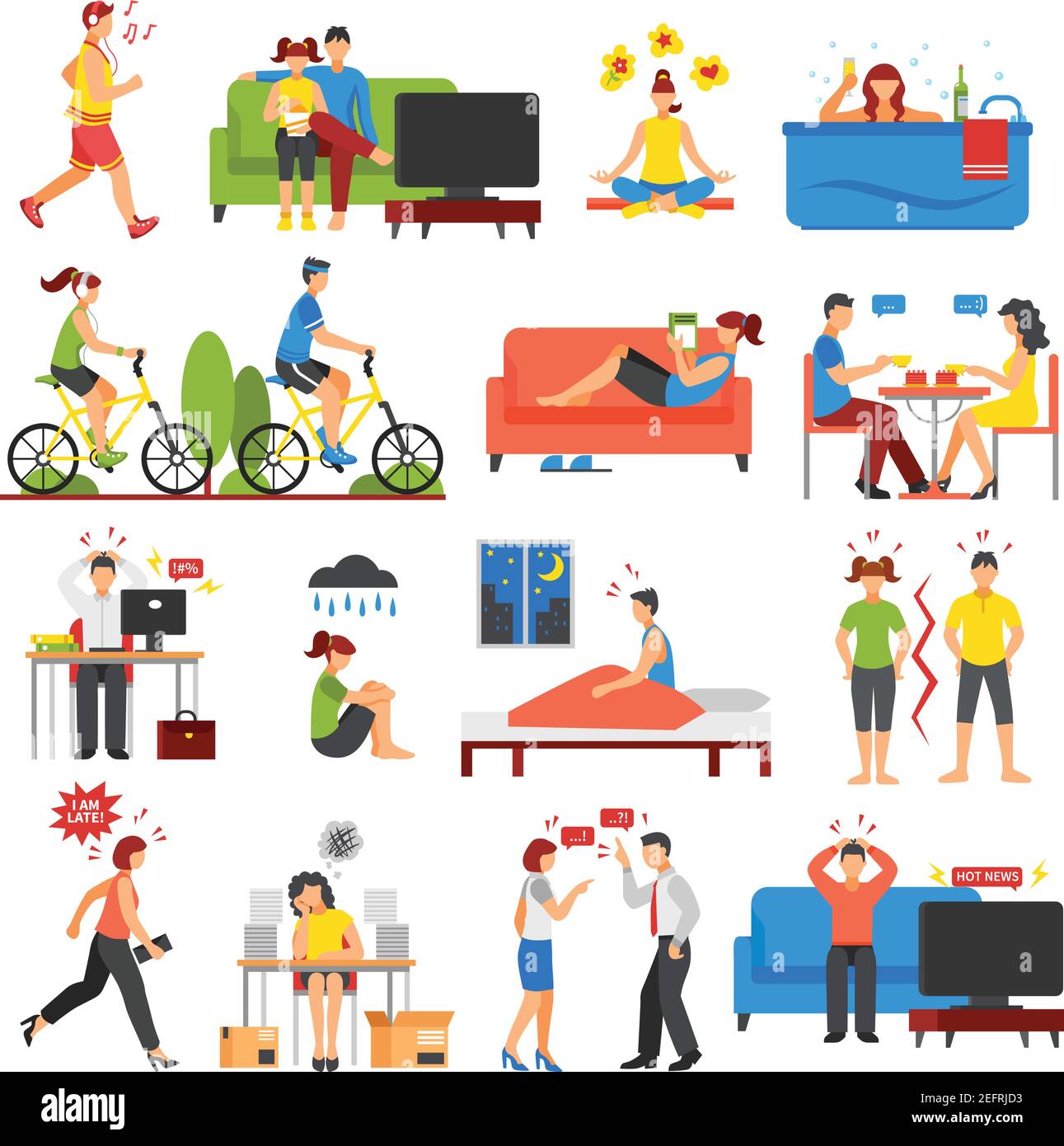 Isometrische Symbole Satz von verschiedenen Möglichkeiten der Entspannung nach Stress Und stressige Arbeitstage isoliert auf weißem Hintergrund Vektorgrafik Stock Vektor