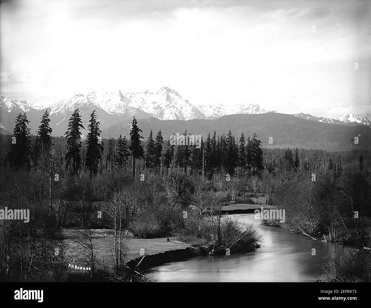 Olympic Mountains vom Skokomish River in der Nähe von Lake Cushman, Washington, ca 1913 (BAR 288). Stockfoto