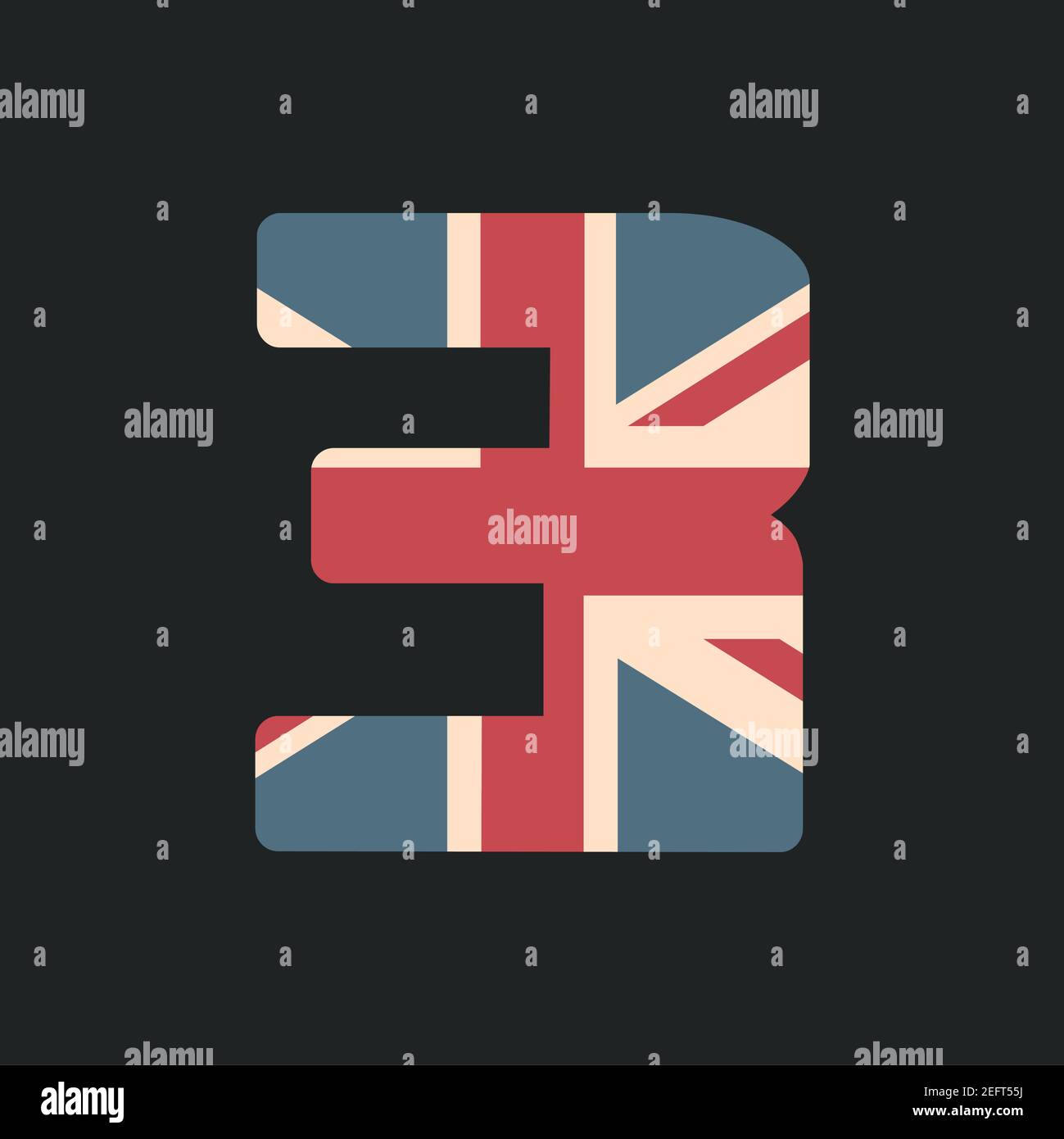 Capital Nummer drei mit UK-Flagge Textur isoliert auf schwarzem Hintergrund. Vektorgrafik. Element für Design. Kinder Alphabet. Stock Vektor