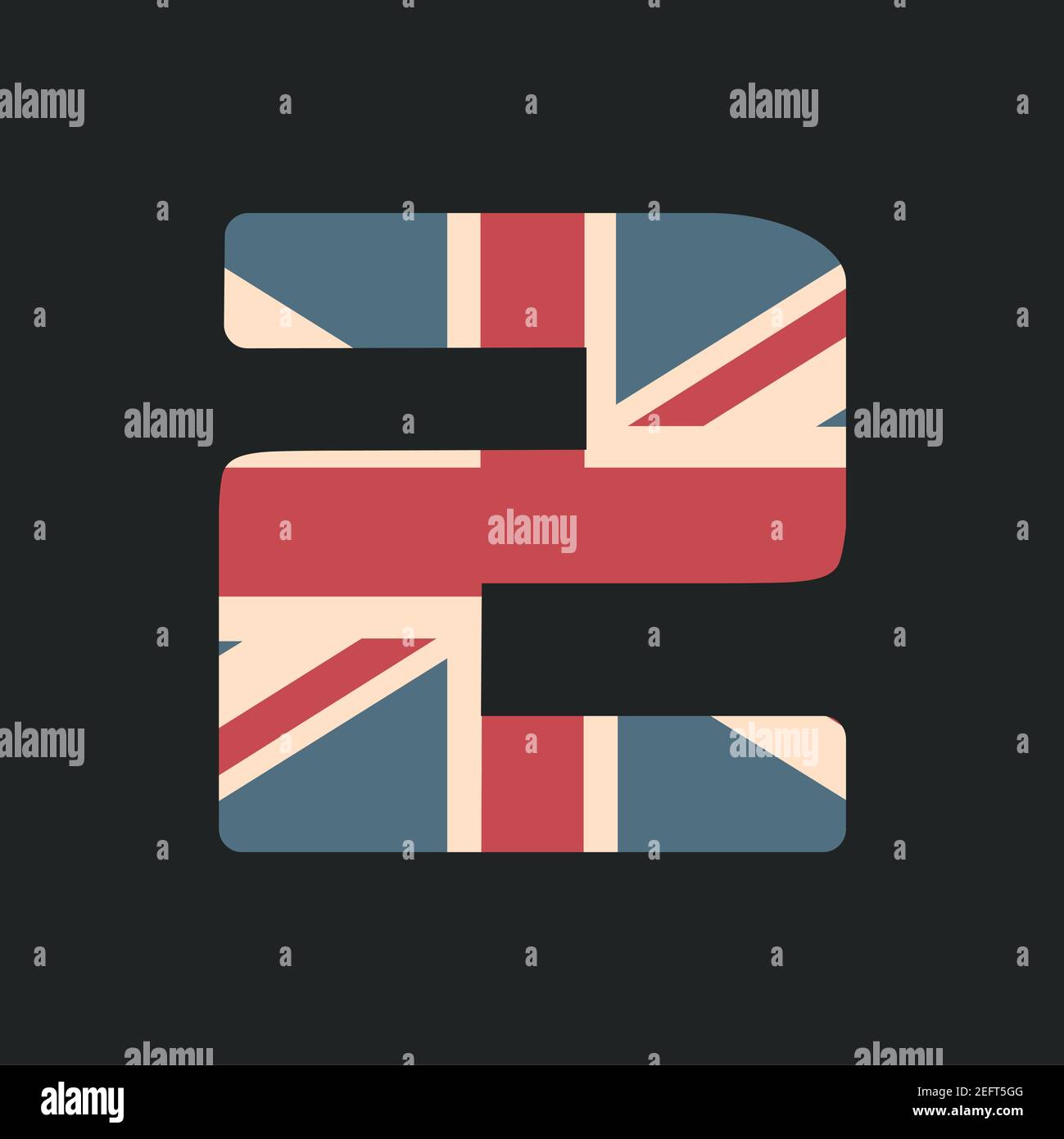Hauptnummer zwei mit UK-Flag-Textur isoliert auf schwarzem Hintergrund. Vektorgrafik. Element für Design. Kinder Alphabet. Stock Vektor