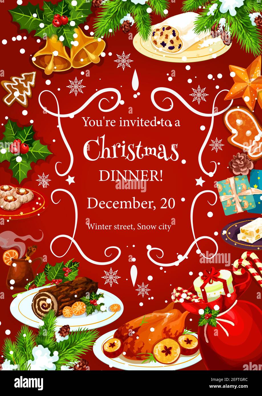 Weihnachtsfeiertag Dinner Einladung Poster Vorlage mit Rahmen von festlichen Gerichten. Truthahn, Lebkuchen, Schokoladenkuchen und Glühwein Banner wi Stock Vektor