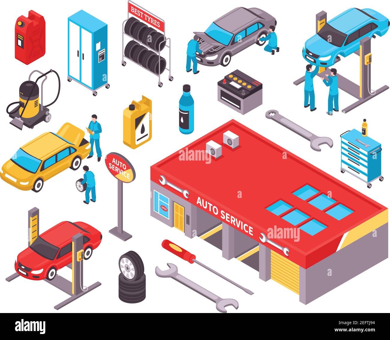 Auto Service isometrische Symbole mit Autos Diagnose Ausrüstung Reparatur Werkzeuge Garage Raum isoliert Vektor-Illustration Stock Vektor