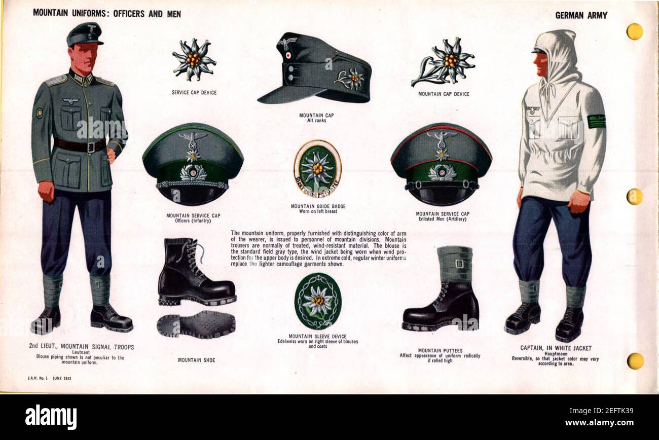 Oni Jan 1 Uniformen Und Abzeichen Seite 008 Bundeswehr Ww2 Berguniformen Offiziere Und Manner Signaltruppen Bergmutze Dienstmutzen Schuh Puttees Weisse Jacke Edelweiss Gerat Gebirgsjager Juni 1943 Field Recognition Nein Bekannt Stockfotografie