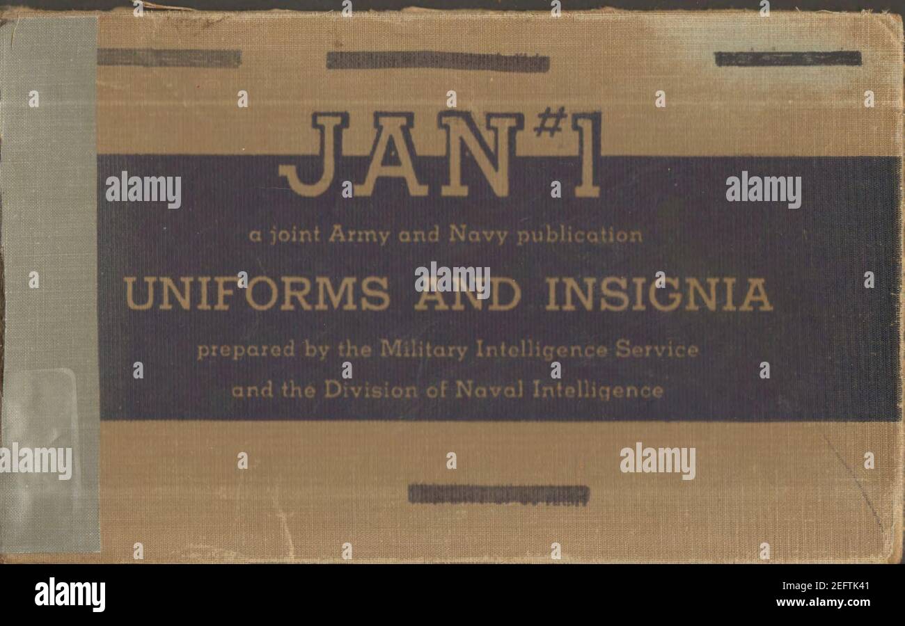 ONI JAN 1 Uniformen und Insignien Seite 001 eine gemeinsame Publikation von Armee und Marine -1, erstellt vom Militärischen Nachrichtendienst und der Division des Marineingeheimdienstes. Veröffentlicht 1944. Stockfoto