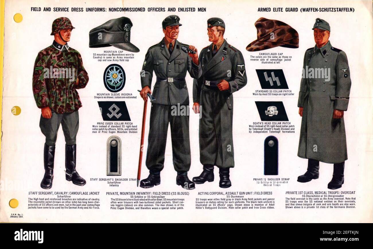 ONI JAN 1 Uniformen und Insignien Seite 043 Bundeswehr Waffen-SS WW2 Dienstkleidung. NCOs, EM. Camouflage, Gebirgsjäger, Panzer, Mantel, etc. Jan. 1944 Field Recognition. Stockfoto