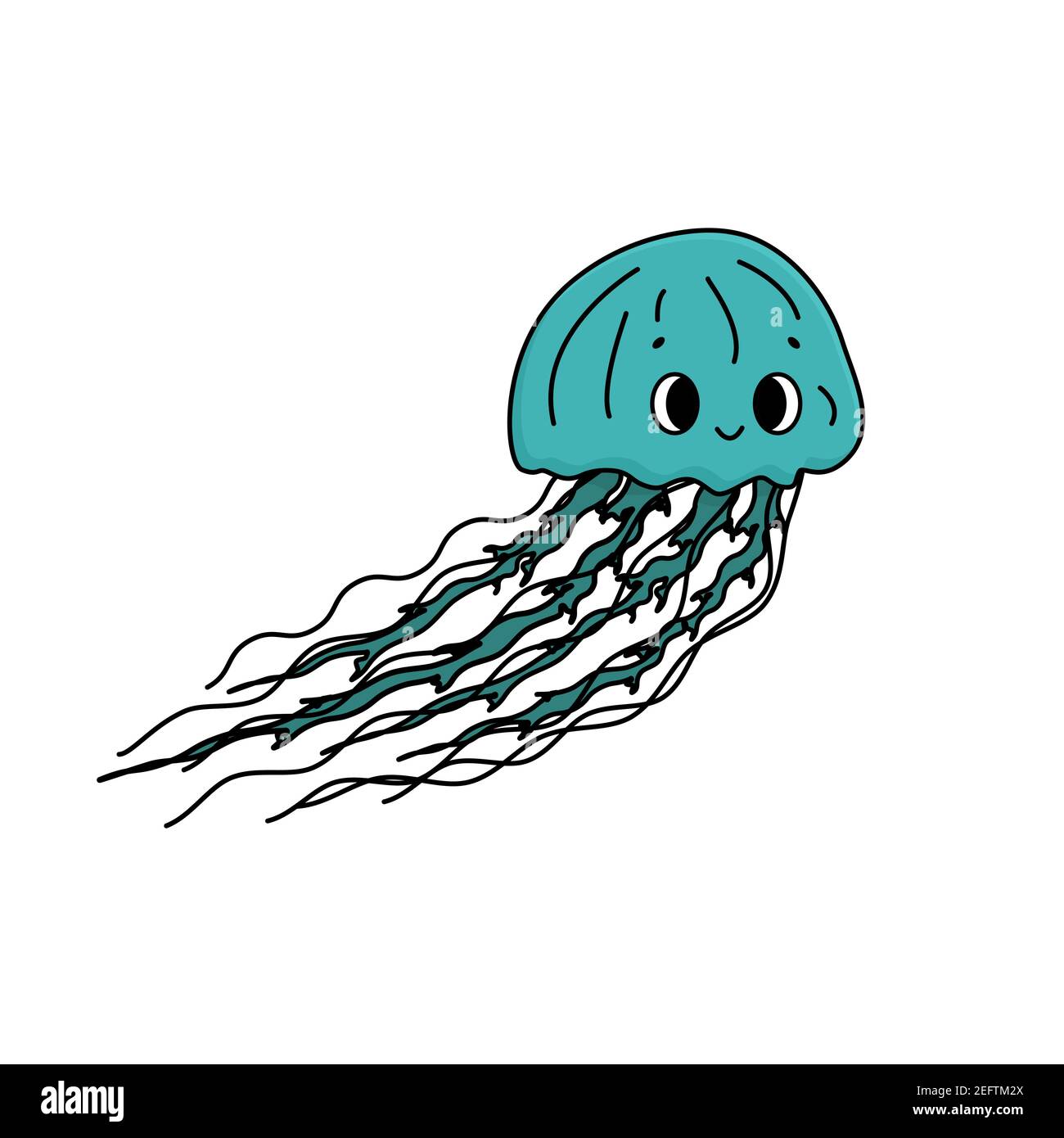 Blau Umriss Vektor Doodle Cartoon Qualle lächelt. Seegrübe ist glücklich, hat gute Emotionen und lange Tentakeln. Tier ist auf weißem Hintergrund isoliert Stock Vektor