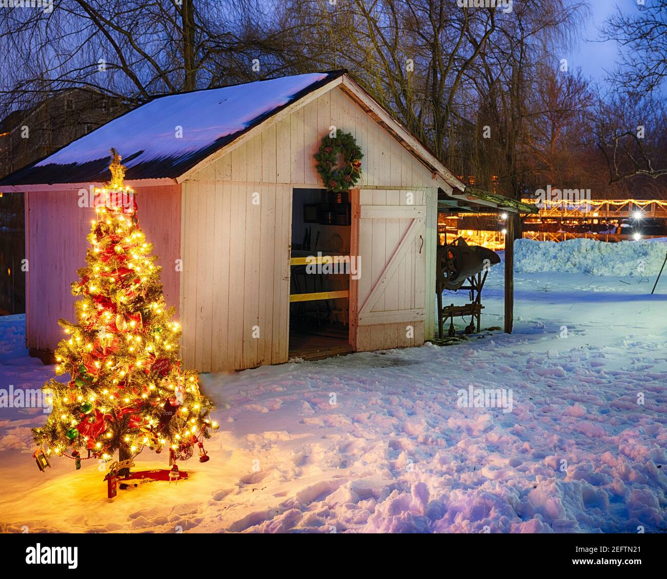 Schuppen mit einem beleuchteten Weihnachtsbaum, Red Mill Museum Village, Clinton, Hunterdon County, New Jersey Stockfoto
