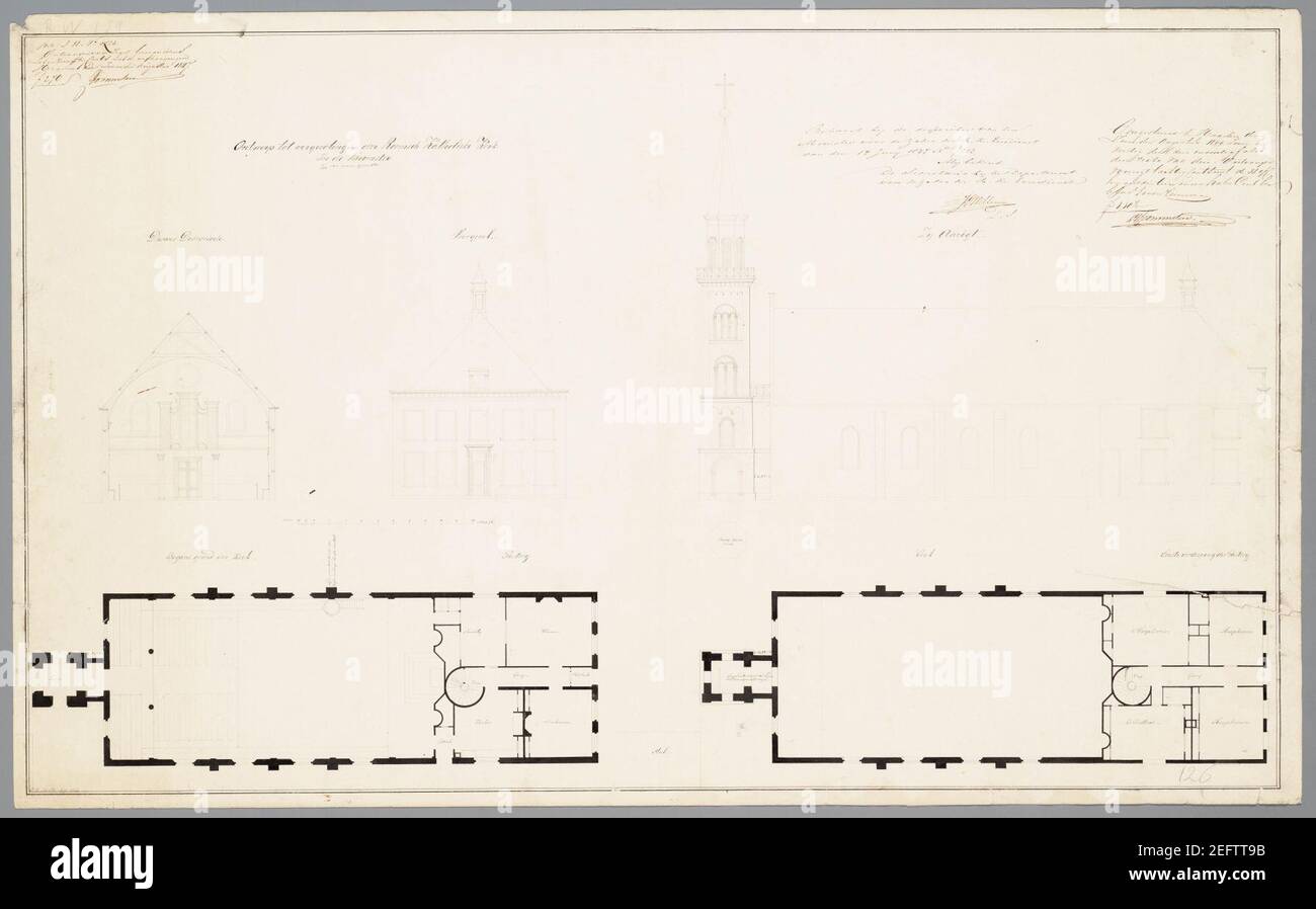 Twerp tot vergrooting der Roomsche Katholieke kerk in de Beemster 1 techn.tekening handschrift, Stockfoto