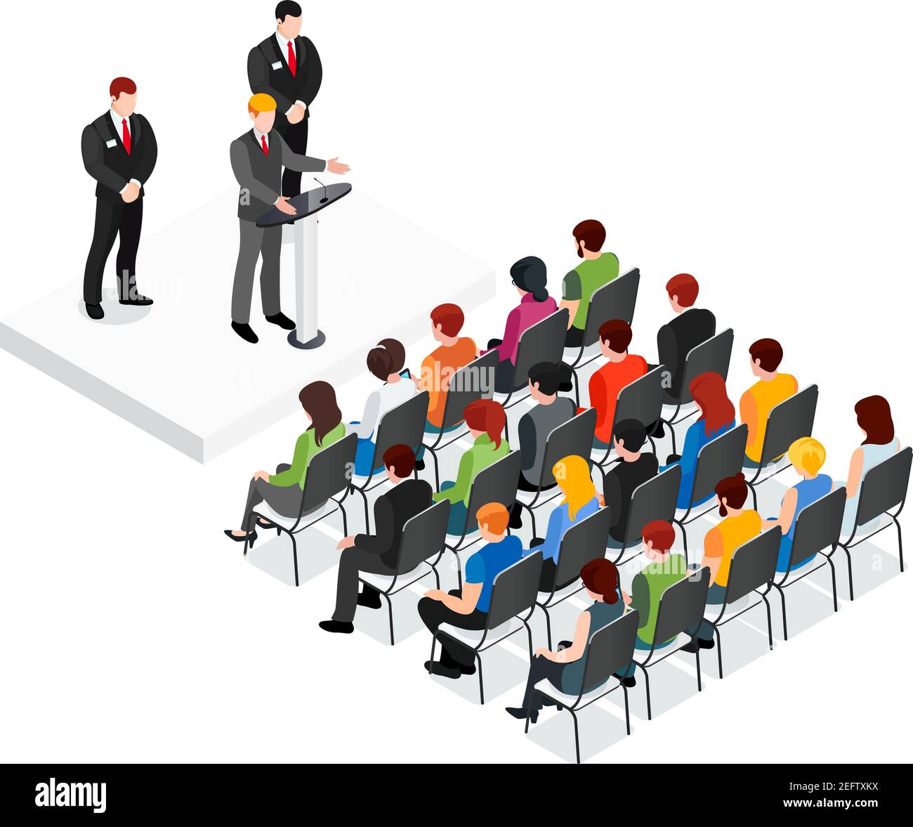 Party Meeting isometrisches Design-Konzept mit Politiker und seine Sicherheit Sprechen vor Publikum Vektor Illustration Stock Vektor