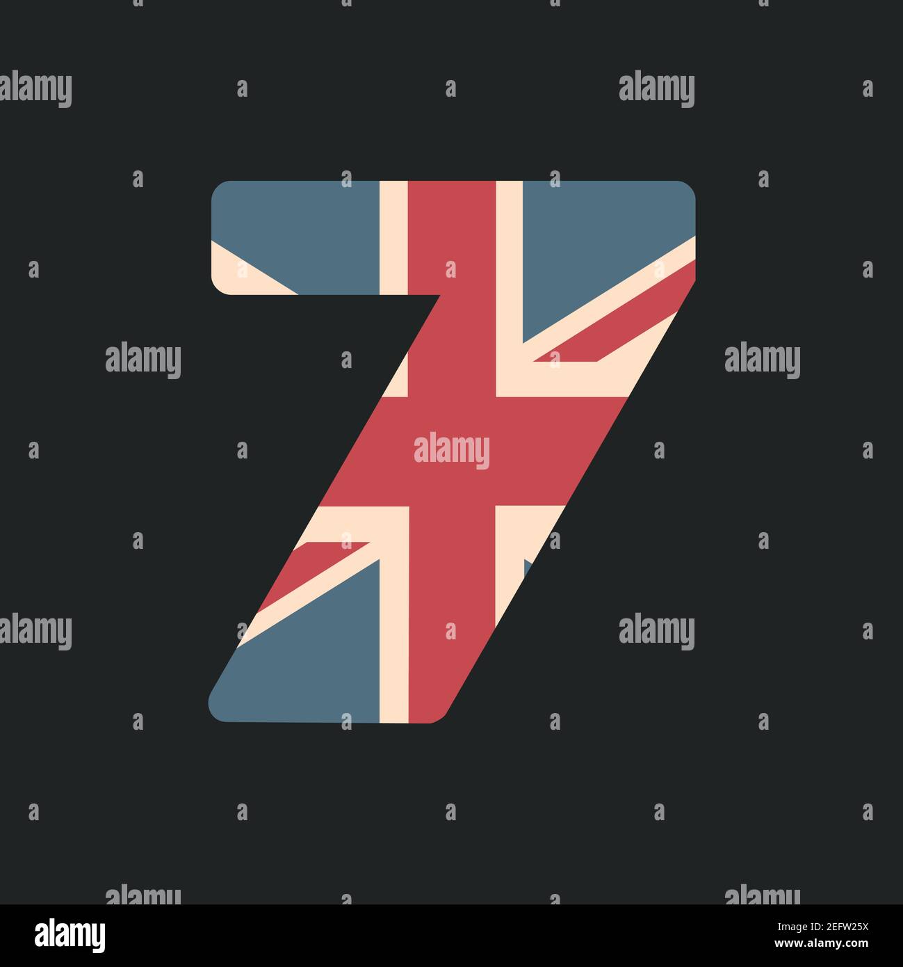 Capital Nummer sieben mit UK-Flagge Textur isoliert auf schwarzem Hintergrund. Vektorgrafik. Element für Design. Kinder Alphabet. Stock Vektor