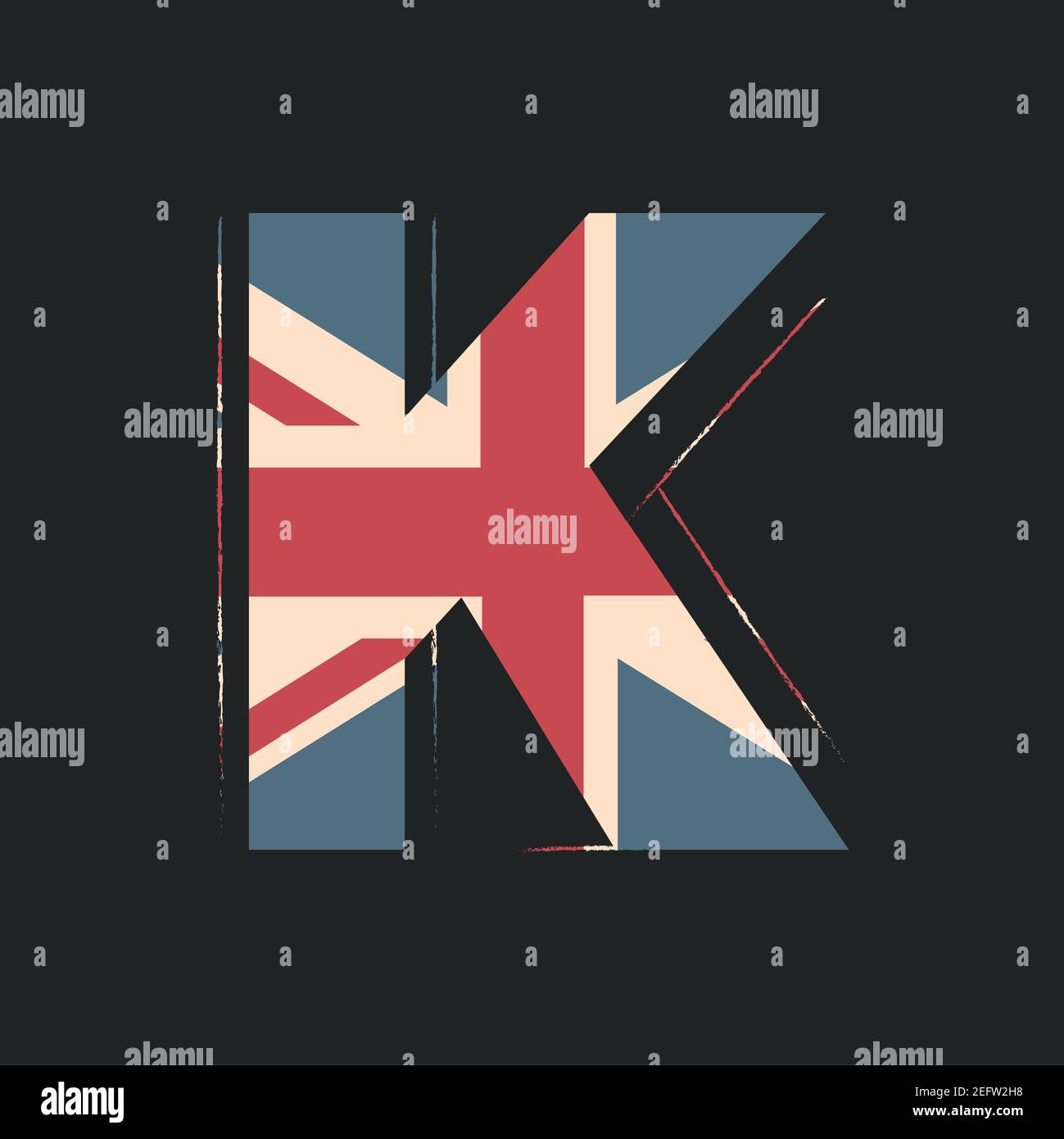 Großbuchstaben 3D K mit UK-Flag-Textur isoliert auf schwarzem Hintergrund. Vektorgrafik. Element für Design. Kinder Alphabet. Stock Vektor