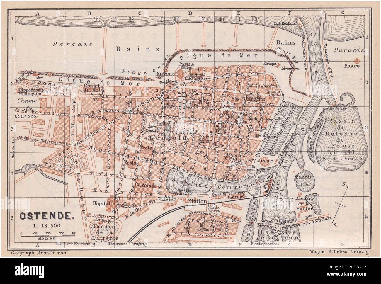 Oostende (Vlaams Gewest, Provincie West-Vlaanderen) - Kaart uit de gids ''Baedeker België en Holland'', Franse editie van 1897. Stockfoto