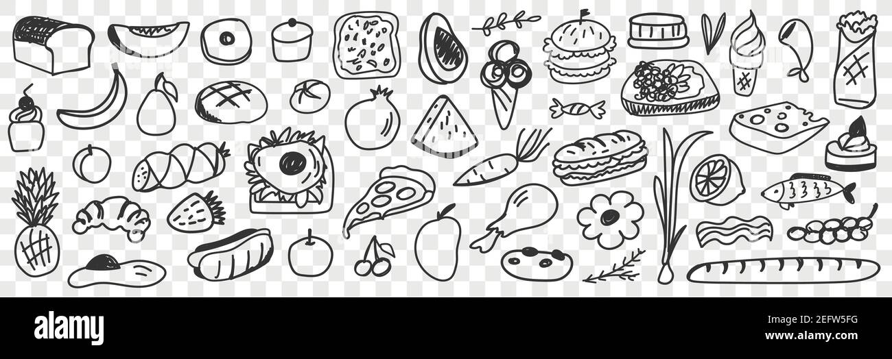 Frische Zutaten und Lebensmittel Doodle Set. Sammlung von handgezeichneten Pizza Brot Obst Gemüse Eis Sandwich Cupcakes Desserts Wurst für gesunde Ernährung isoliert auf transparentem Hintergrund Stock Vektor