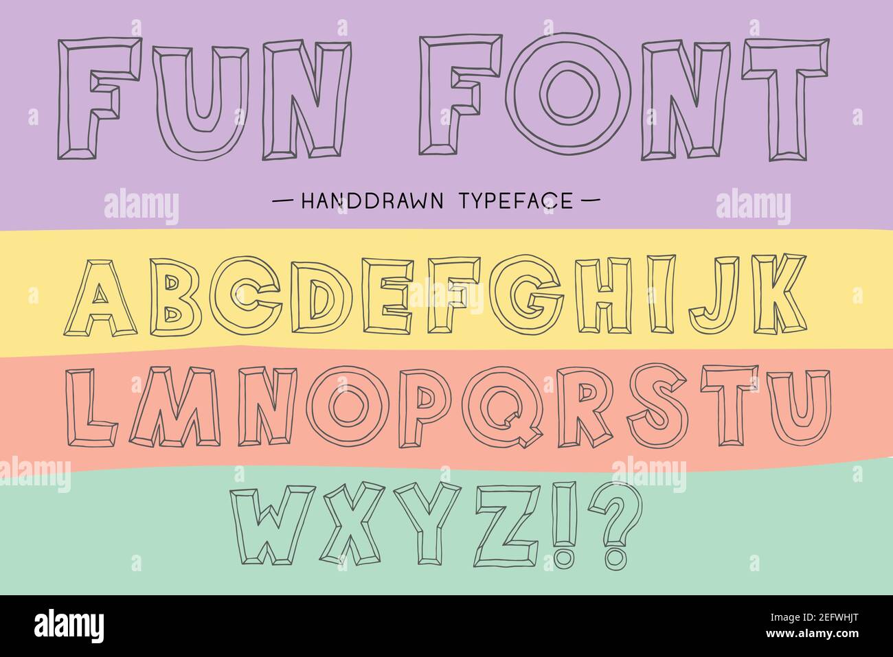 Fun line Schriftart auf pastellfarbenem Hintergrund. Handgezeichnete Vektorschriftart. Handgeschriebenes Alphabet. Dekorativer Typ. Schriftart Vektorgrafik. Stock Vektor