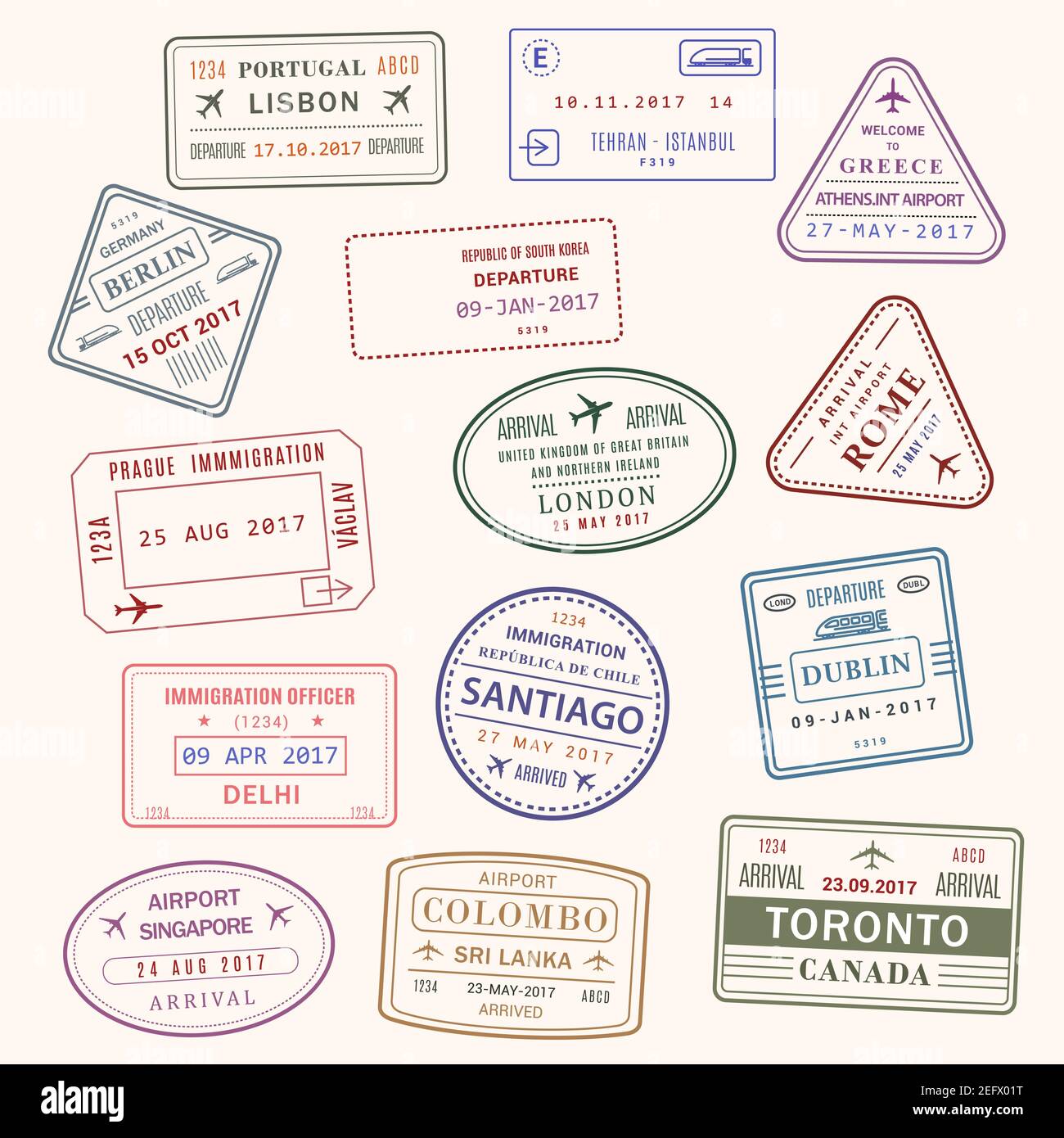 Pass Land Briefmarken Vektor-Satz von Lissabon Portugal, Athen Griechenland oder London Großbritannien und Toronto Kanada. Isolierte Passfarbe Stempel von Santiago, Co Stock Vektor
