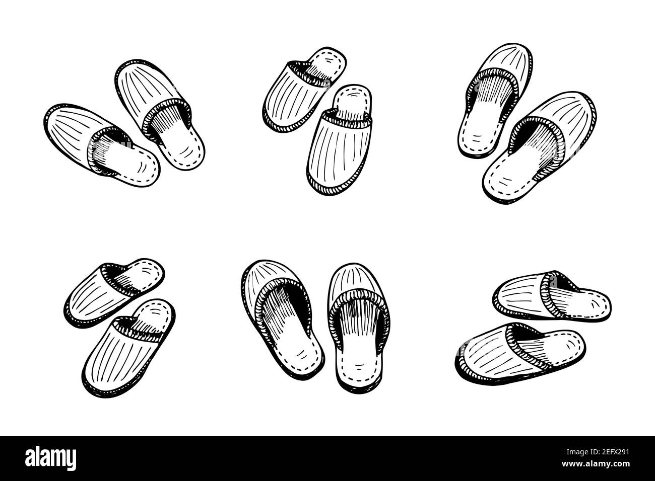 Schlafen Hausschuhe paar Satz handgezeichnete Skizze. Heimschuhe Paar schwarz und weiß Doodle Kollektion. Vektor-isolierte Illustration Stock Vektor