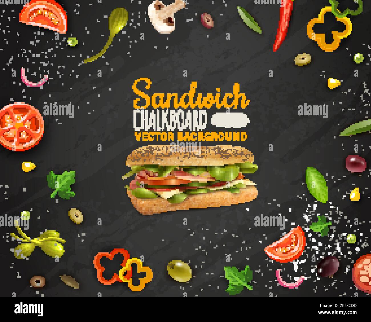 Sandwiches mit Schinken Käse frische Paprika Tomate Zwiebel Champignons und Oliven realistische Kreidetafel Hintergrund Werbung Poster Vektor Illustration Stock Vektor