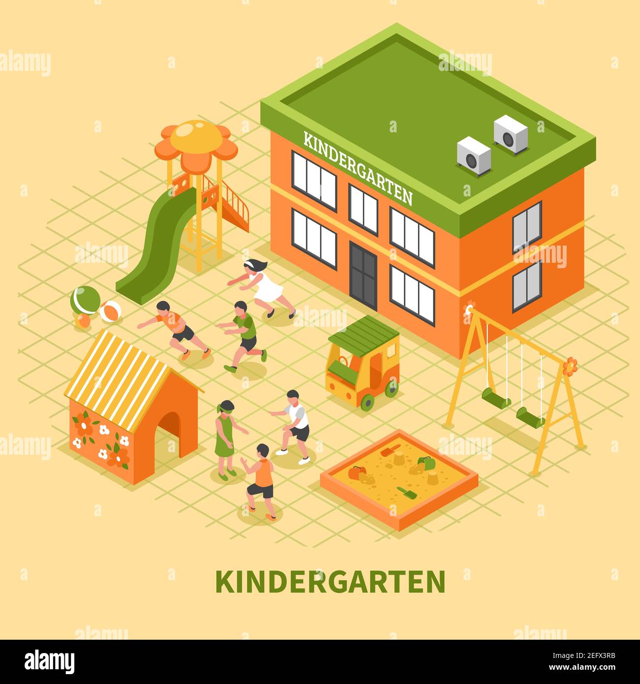 Kindergarten Gebäude isometrische Zusammensetzung mit Kindern Gruppe beschäftigt im Sport Und mobile Spiele auf Spielplatz Vektor Illustration Stock Vektor