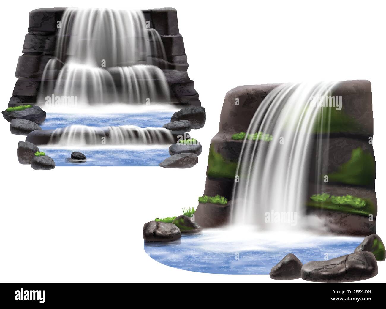Set von zwei Naturlandschaft Szene für Park Garten und Computerspiel-Design mit Wasserfällen Felsen und Steine realistisch isoliert vektorgrafik Stock Vektor