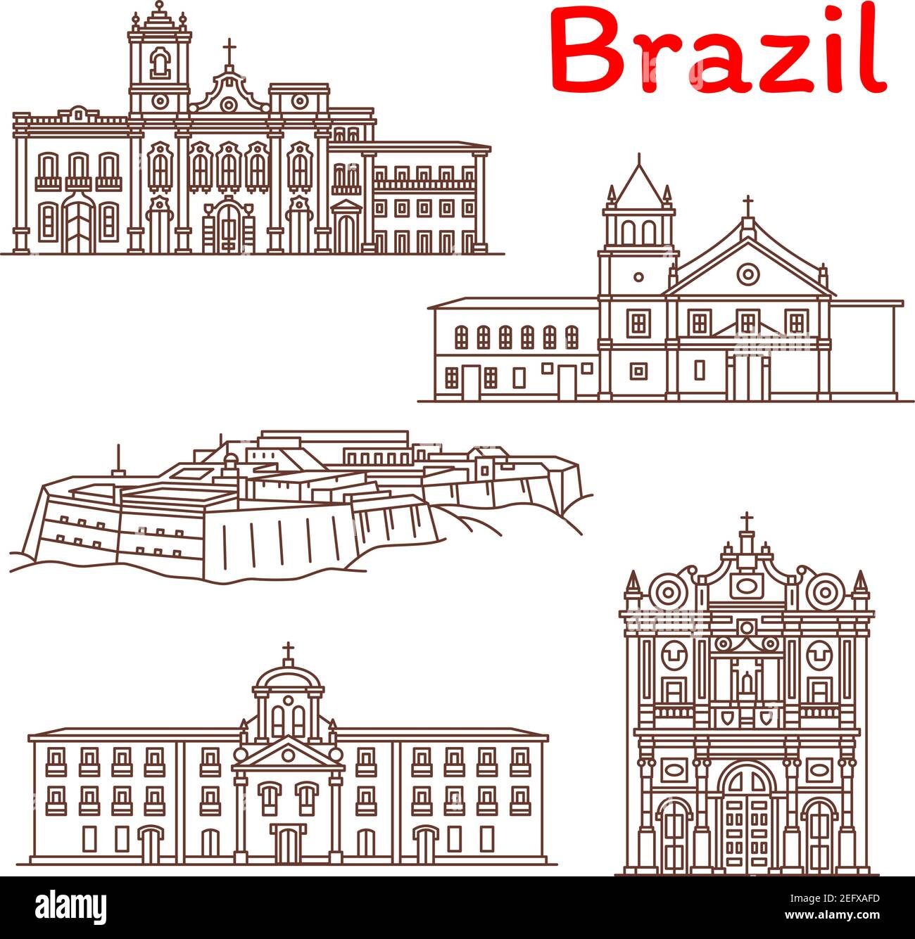 Brasilianische Architektur Wahrzeichen und Sehenswürdigkeiten Gebäude Linie Symbole. Vektor-Set der brasilianischen Kirche von San Domingo oder San Francisco, Nossa Senhora do Bo Stock Vektor