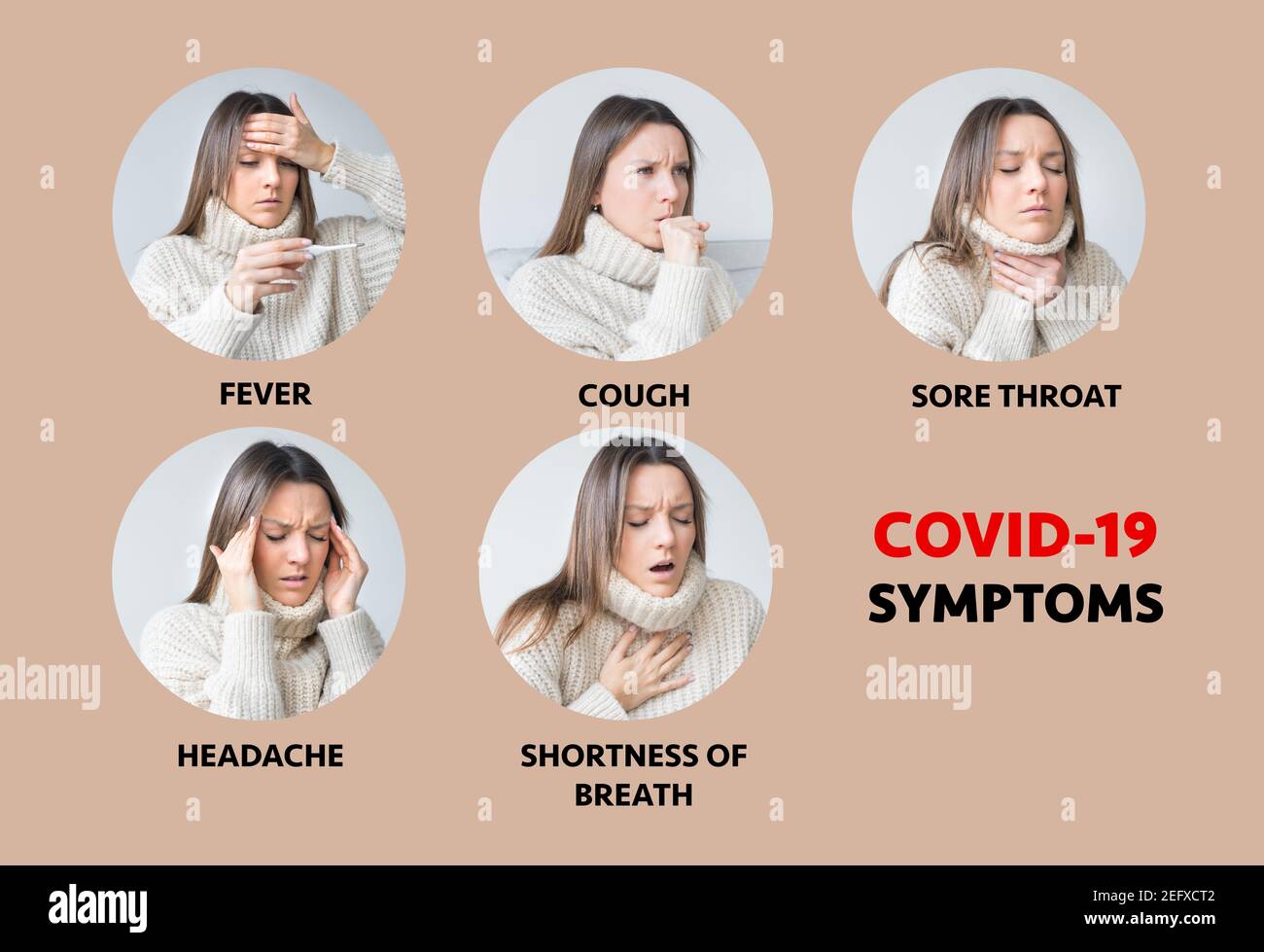 Symptome von COVID-19. Junge kranke Frau mit Coronavirus-Infektion. Fieber, Husten Stockfoto