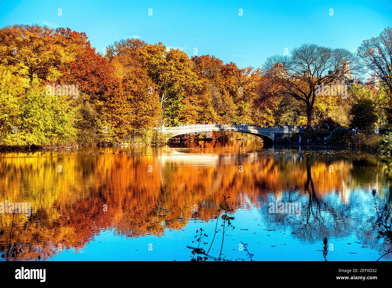 Farbenfrohe Spiegelung auf dem See mit der Bow Bridge, dem Rumble, Central Park, New York City Stockfoto