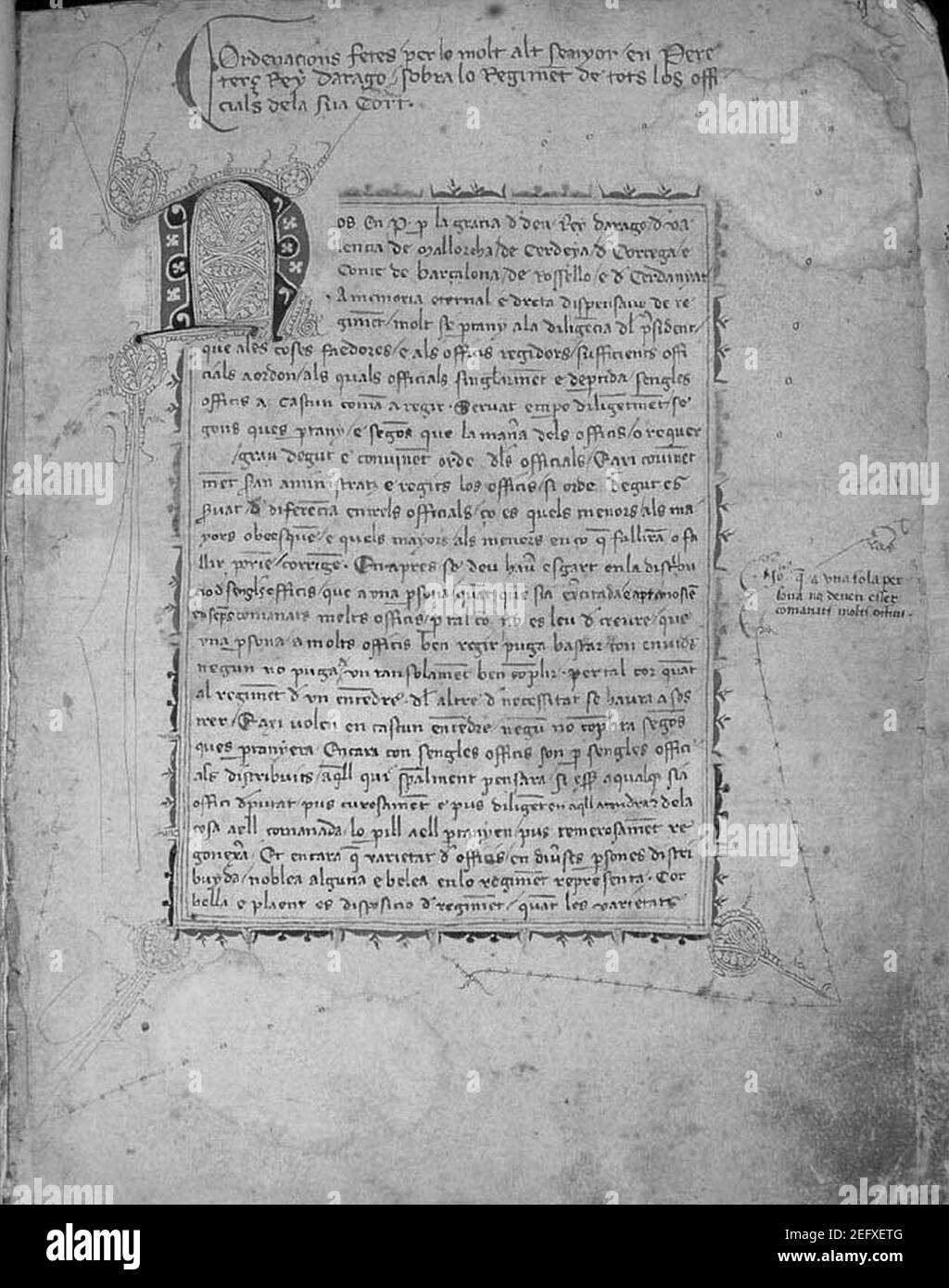 Ordenacions fetes per lo molt alt senyor en Pere terç Rey darago sobre lo regiment de tots los formatives dela sua cort -1344-BUV-F1. Stockfoto