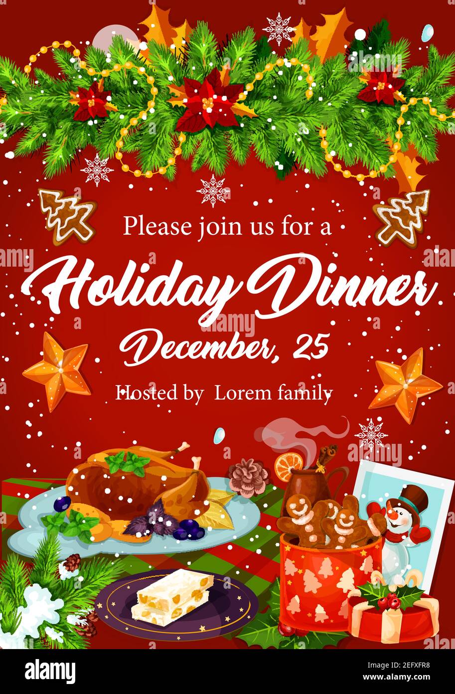 Weihnachts-Dinner-Banner für Winterferien Feier Einladungsvorlage. Truthahn, Keks, Lebkuchen und Glühwein festliches Plakat mit Weihnachtsbaum Stock Vektor