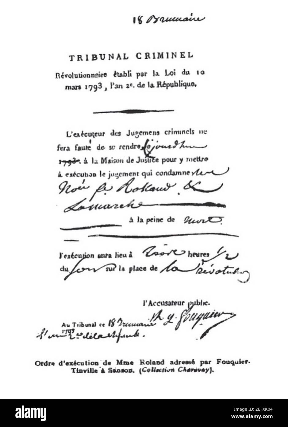 Ordre d'exécution par Fouquier-Tinville. Stockfoto