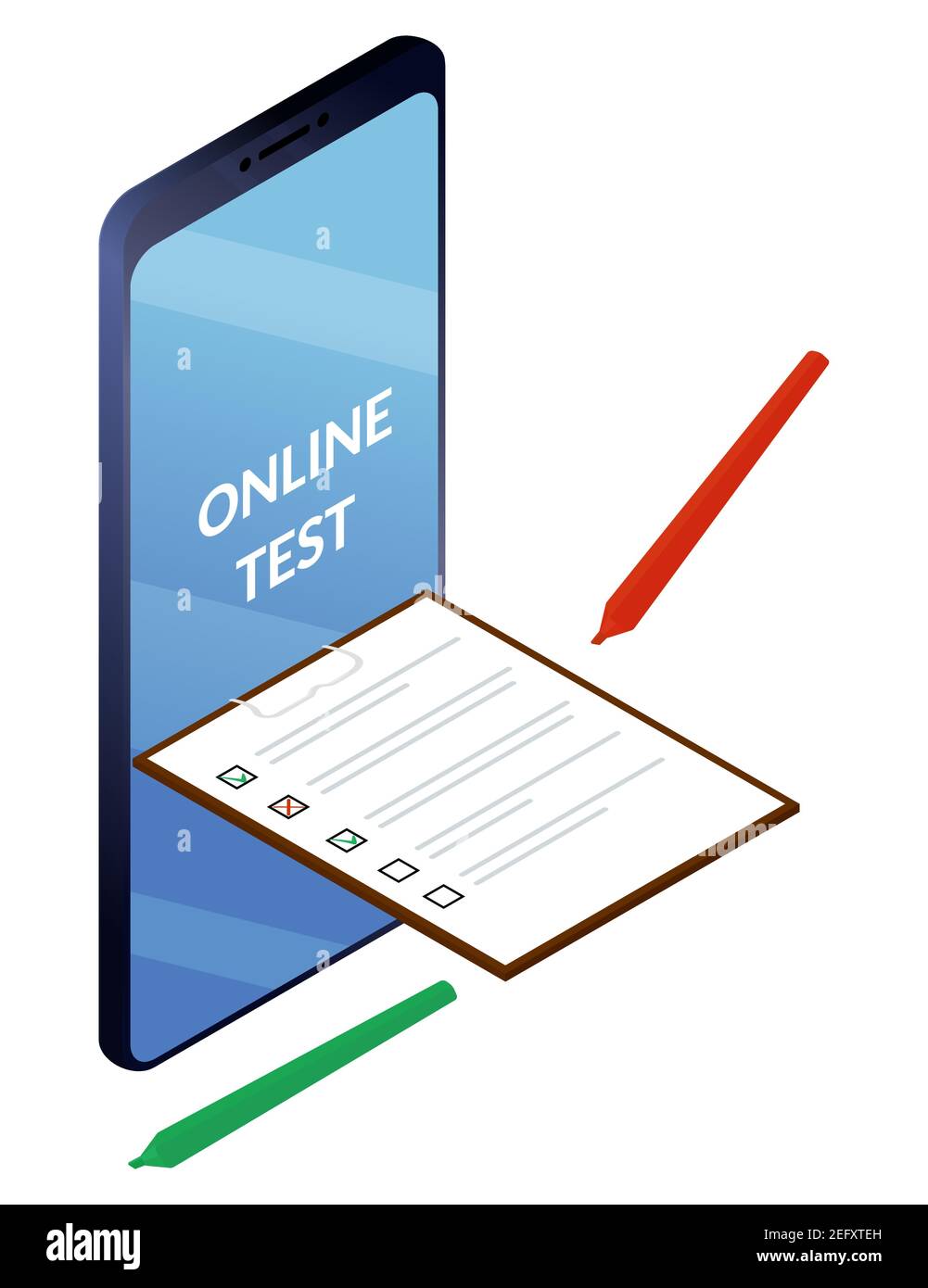 Online-Umfragen oder Prüfungsformular. Checkliste von Smartphone-Bildschirm und Stifte. Isolierte Vektor-isometrische Darstellung. Stock Vektor