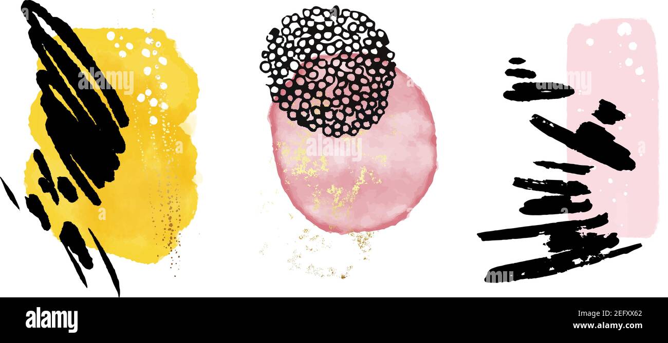 Aquarell Kreis Farbschema gelb pink, bunte Acryl Tinte Kreise, handbemalte runde Formen, schwarze Flecken, transparente Blobs isoliert auf whit Stock Vektor