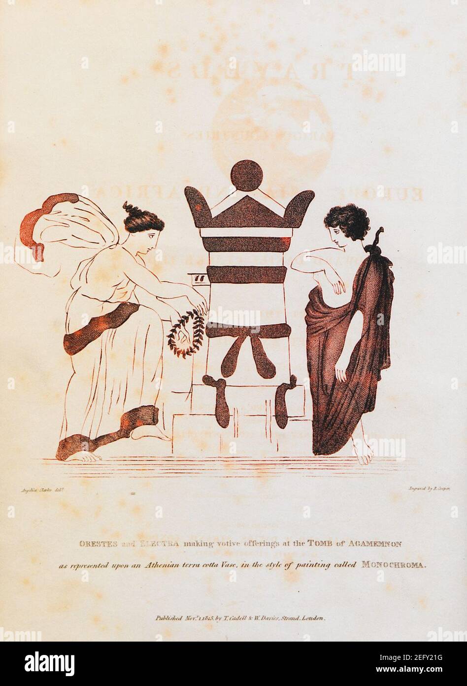 Orestes und Electra am Grab von Agamemnon; wie dargestellt auf einer Athenian Terra-cotta Vase, im Stil der Malerei - Clarke Edward Daniel - 1816. Stockfoto