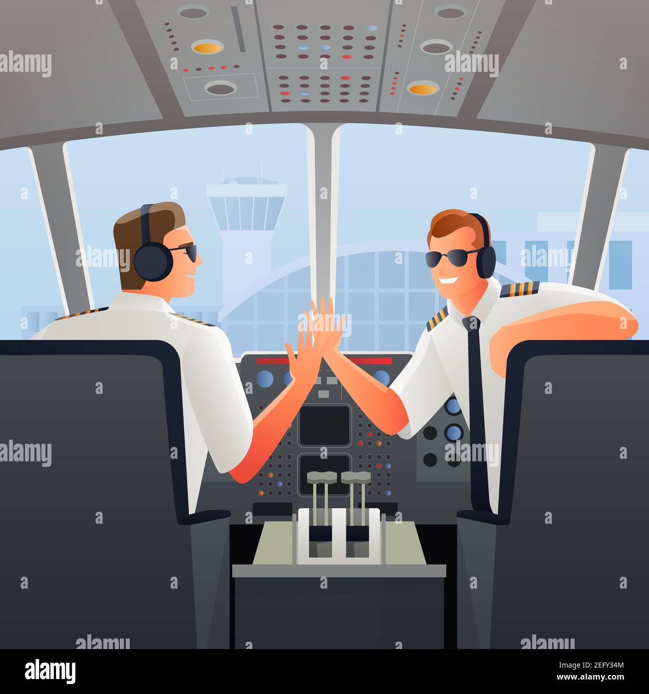 Lächelnde Piloten in Sonnenbrillen Kopfhörer und Uniform in Stühlen Kabine des Flugzeugs am Flughafen Vektor-Illustration Stock Vektor