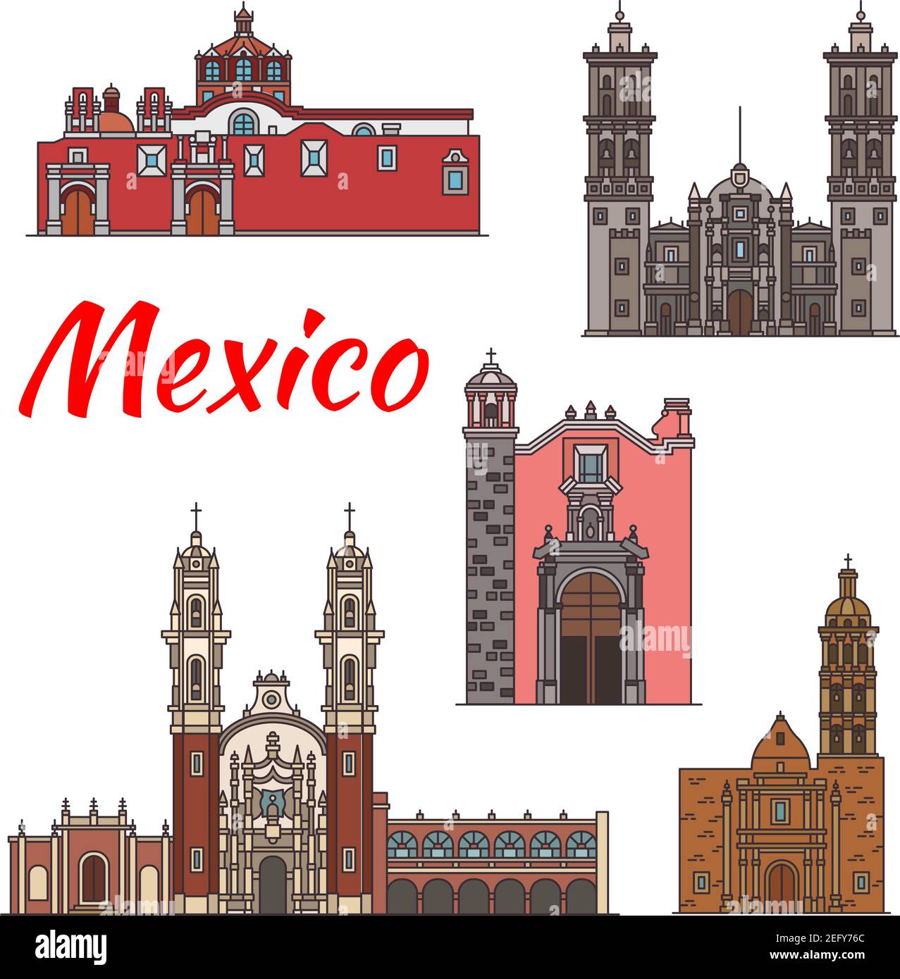 Mexiko Architektur Wahrzeichen und berühmten Gebäuden Fassade Linie Ikonen. Vektor-Set von mexikanischen Kirchen, Kathedralen und Kloster Santa Maria de Ocotl Stock Vektor