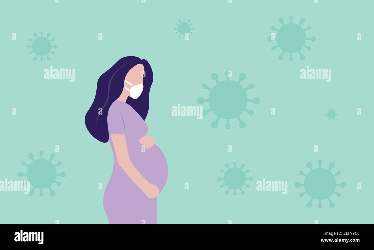 Junge schöne schwangere Frau trägt Gesichtsmaske mit Virus Hintergrund Stock Vektor