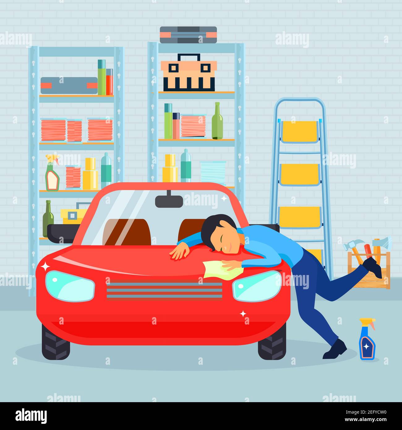 Farbige flache männliche Liebe seine Auto-Komposition mit Mann wäscht Sein Auto in der Garage Vektor-Illustration Stock Vektor