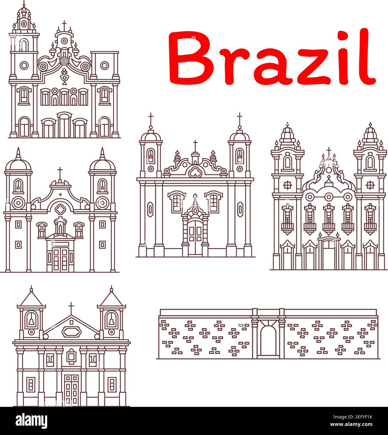 Brasilianische Architektur Wahrzeichen und berühmte Gebäude Fassade Linie Symbole. Vektor-Set von brasilianischen Castello Fort, Kirchen und Kathedralen in Rio de Janeiro, Stock Vektor