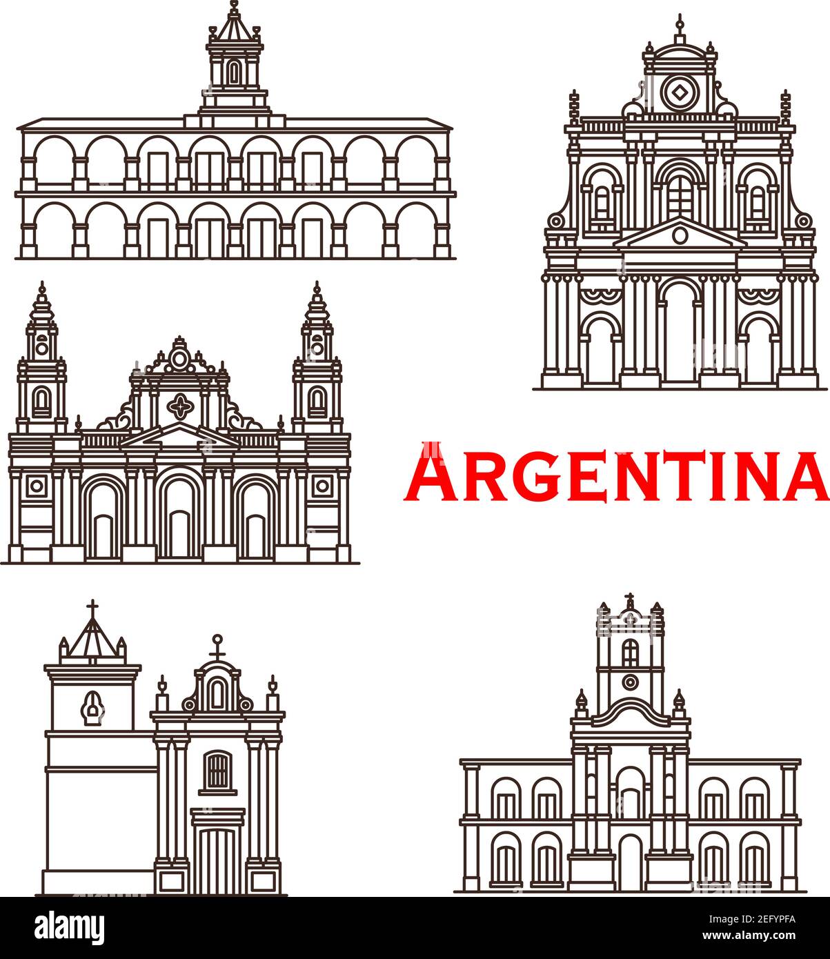 Argentinien Wahrzeichen Gebäude und berühmte Architektur Linie Fassade Ikonen. Vector Set von Salta und Saint Bernard Kloster, Buenos Aires Rathaus und S Stock Vektor