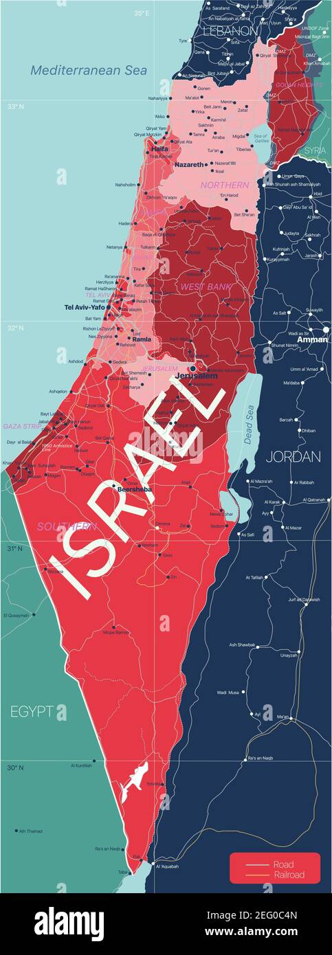 Israel Land detaillierte editierbare Karte mit Regionen Städte und Städte, Straßen und Eisenbahnen, geografische Standorte. Vector EPS-10-Datei Stock Vektor